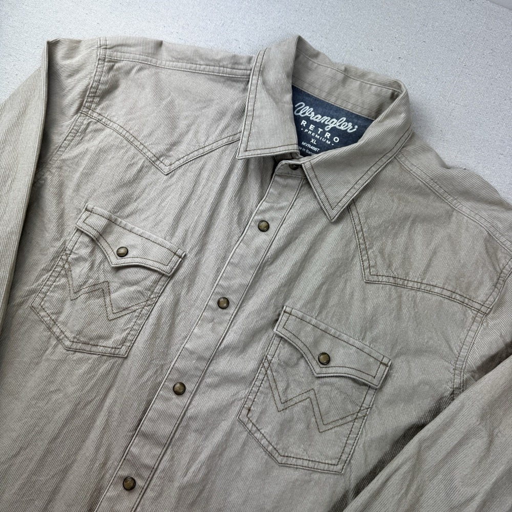 Wrangler Retro Western Shirt Mens XL Beige Snap Front Long Sleeve Pearl Snap
